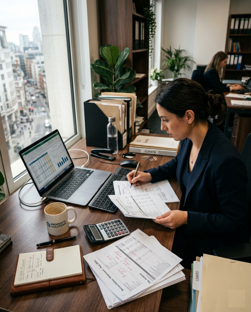 Global Accounting Pros Property manager reviewing financial reports and accounting spreadsheets at an office desk
